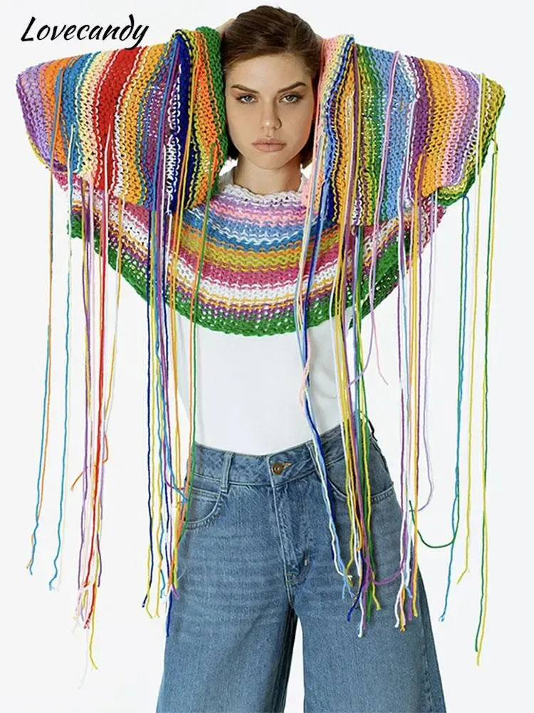 Kobiety swetry kobiety Rainbow Tassels Tkaczące sweter swobodny geometryczny wzór geometryczny na dzianinu