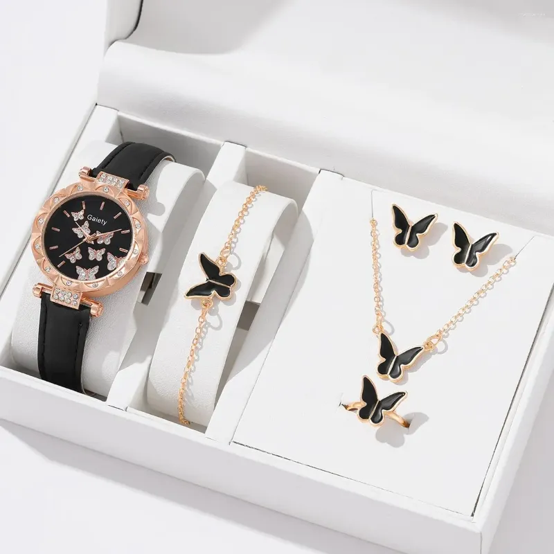 Relojes de pulsera Juego de 6/1 Uds. Reloj para mujer, anillo, collar, pendientes, pulsera, relojes, correa de cuero de mariposa, reloj de pulsera de cuarzo para mujer (sin caja)