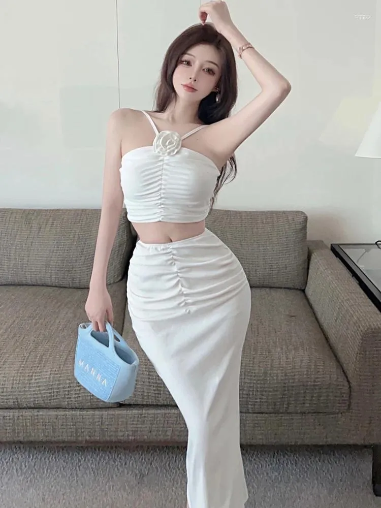 Work Dresses Elegant Sexy Club Summer Fold Two Piece Set For Women Casual Fashion Tank Crop Top & High Waist Bodycon Long Skirt White Suit