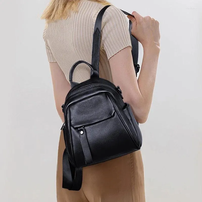 Sacs d'école Sac à dos en cuir pour femme véritable noir pour ordinateur portable voyage femme avec poignées