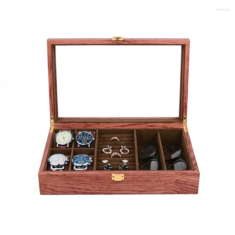Titta på lådor Rosewood 5 Jewelry Ring Solglasögon förvaring Boxwatch Organisera fall Europeisk stil japansk koreansk 32x21x8cm