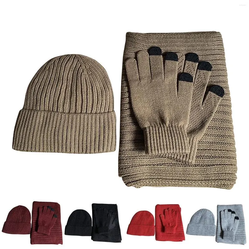 Berretti invernali con cappuccio caldo addensato, sciarpa, guanti, tre guanti lavorati a maglia, set da ragazzo per donna