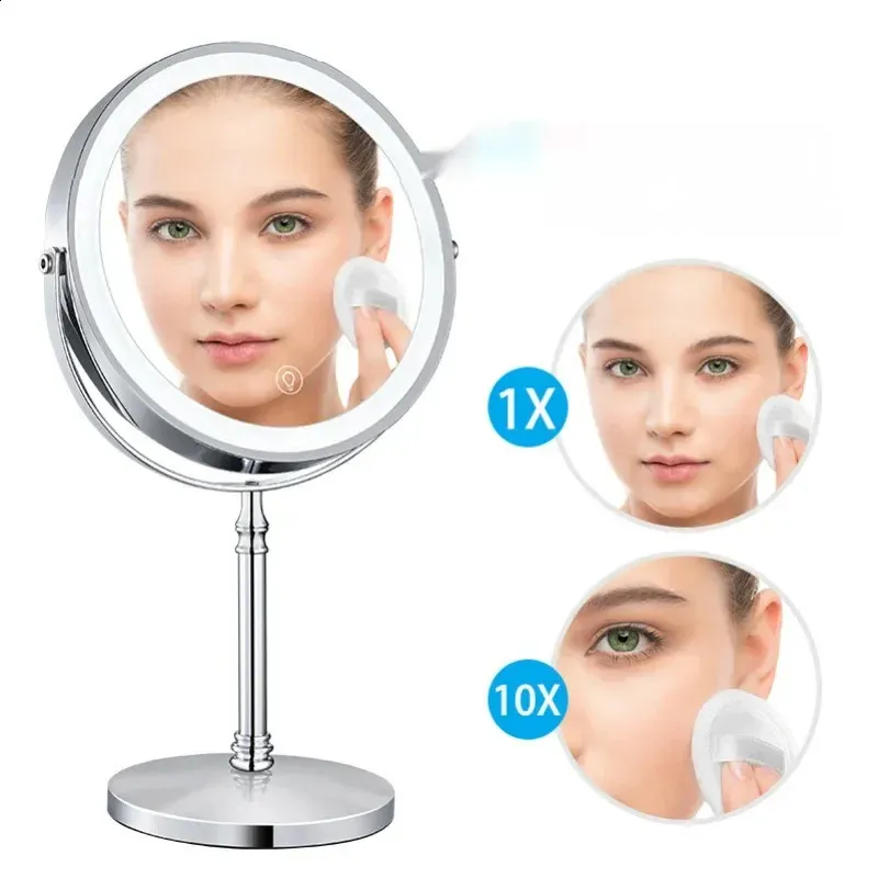 Specchio per trucco ingranditore compatto 10X con luce LED cosmetico a forma rotonda Specchio cosmetico da tavolo retroilluminato su due lati 231030