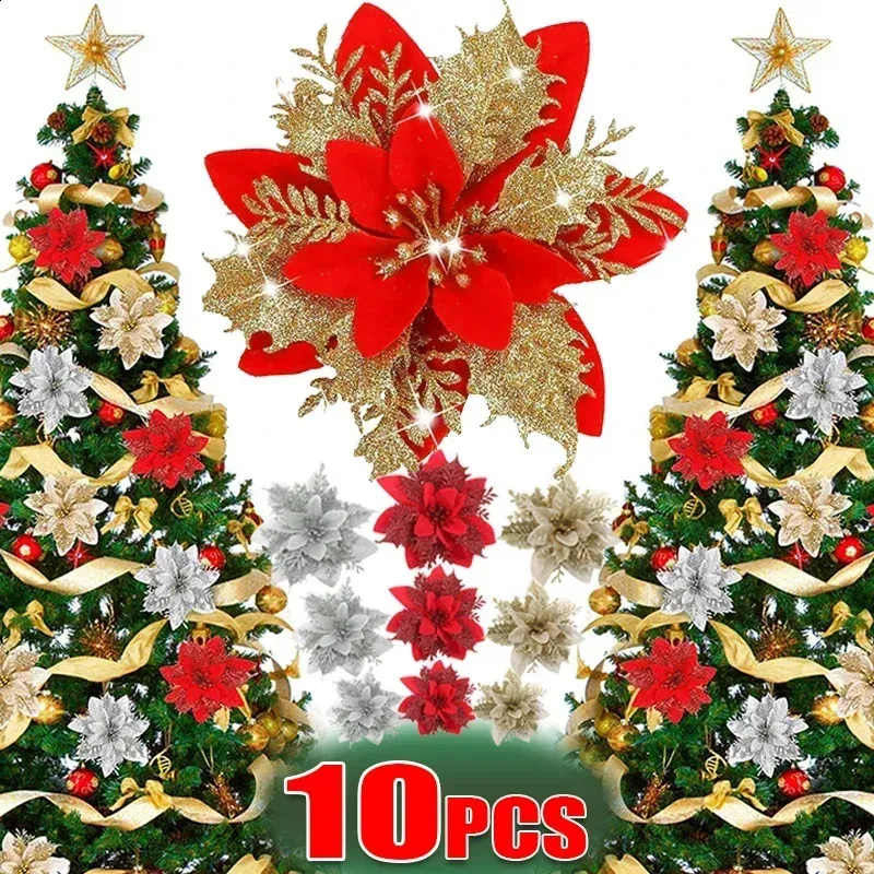 Décorations de Noël paillettes fleurs artificielles en soie florale fausse fleur avec clips pour arbre de Noël suspendu annuel cadeau décor de maison 231030