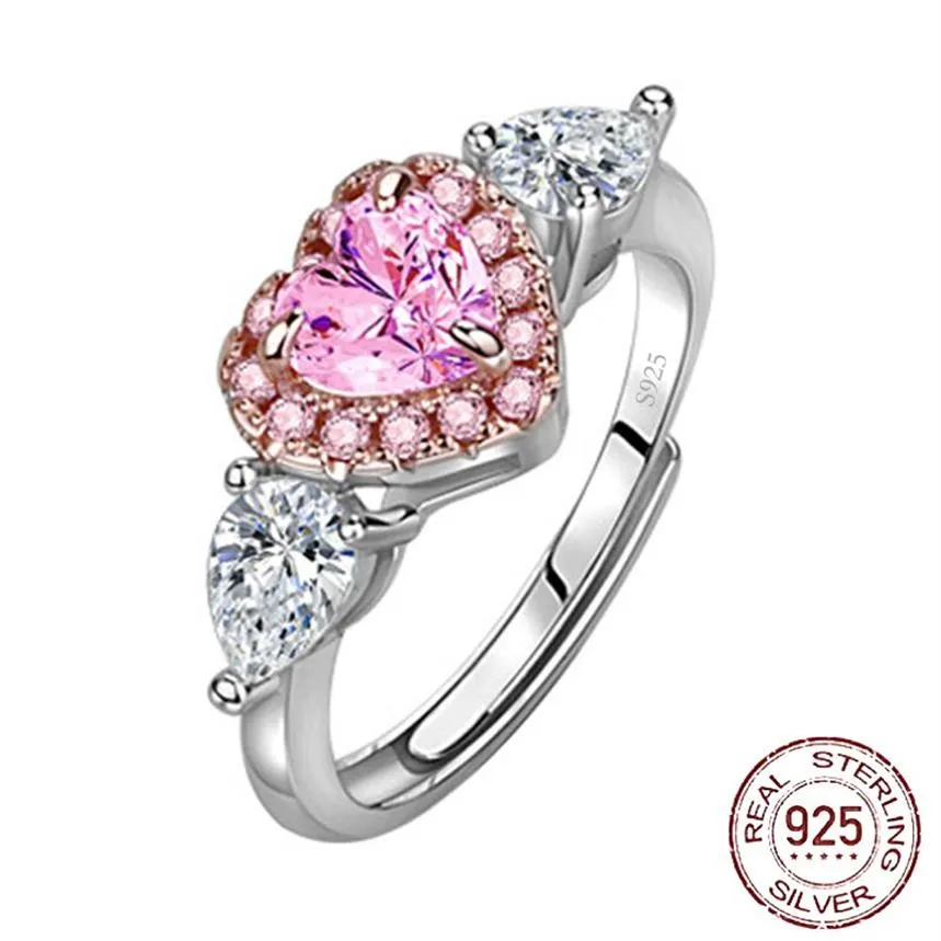 Real 925 Srebrny srebrny 6 mm różowe serce CZ Diamentowy pierścionek z pudełkową biżuterią zaręczynową dla kobiet J-221266J