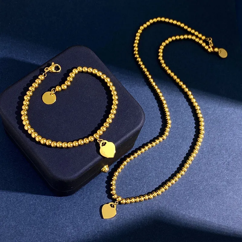 New Fashion T LETTER Round beads chain love pendant necklace women gold silver wedding bracelet set Designer Jewelry TR-0799