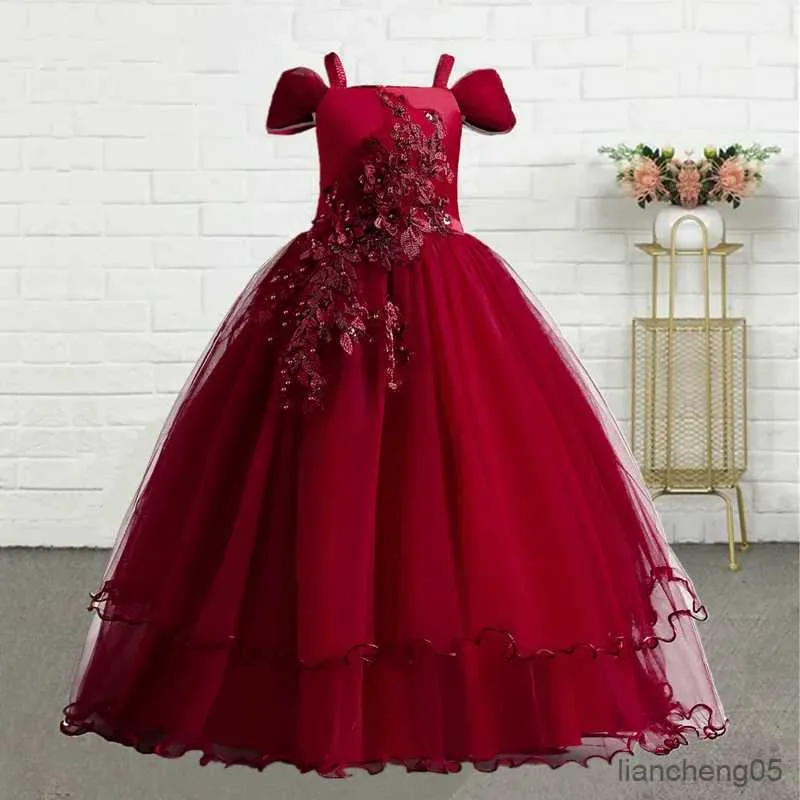 Girl's Dresses Bridesmaid Flower Girl Dress for Wedding Teen Girl Formal Pageant Gala Costume 12 14 Children Red Christmas New Year Clothes