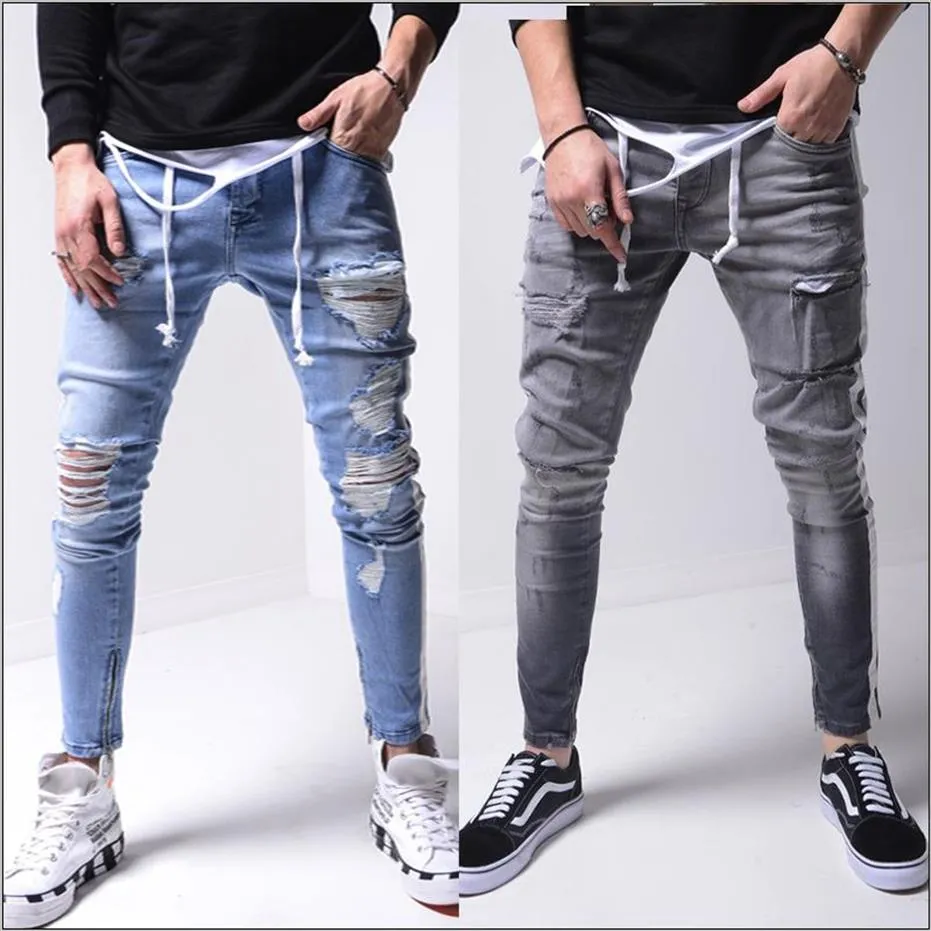 Jeans pour hommes Hommes Rétro Bleu Gris Rayures latérales Trou High Street Plissé Slim Stretch Long Denim Hip Hop Pantalon Crayon pour Male239a