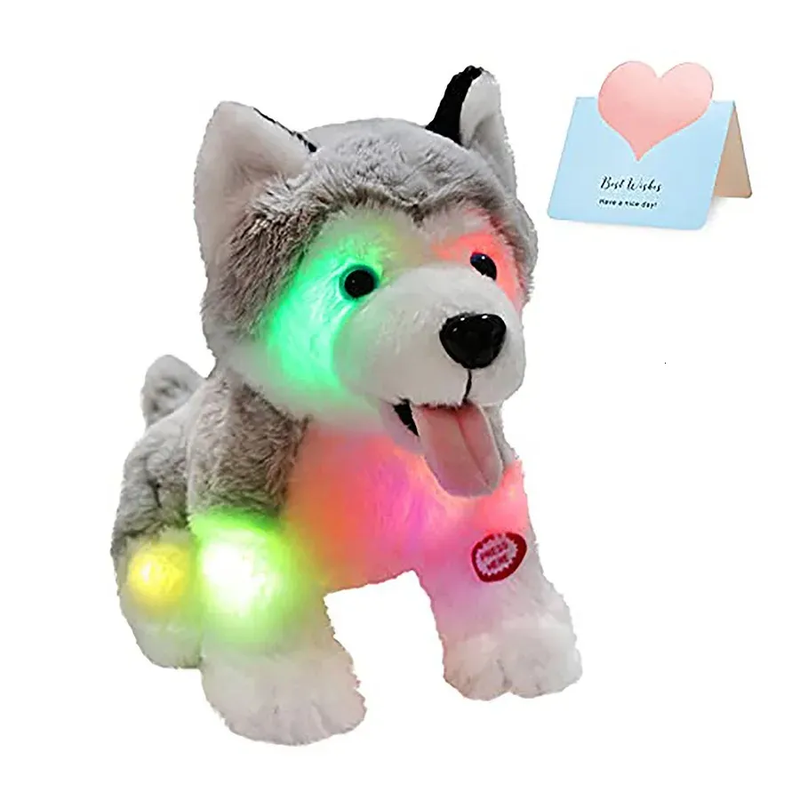 Plush Light - Up Toys Glowing Stuffed Animals Husky Puppy Dog Soft Plush Toys Grå kudde med färgglada LED -nattljus Födelsedag för Girls Kids 231030