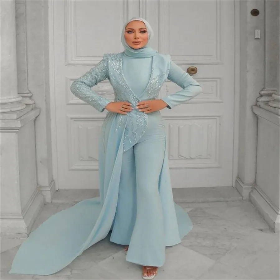 Mellanöstern Muslimah Blue Prom -klänning med overskirt saudiarabiska dubai abaya jumpsuit aftonklänning muslimsk paljett födelsedagsklänningar vestidos de noche gala 2024