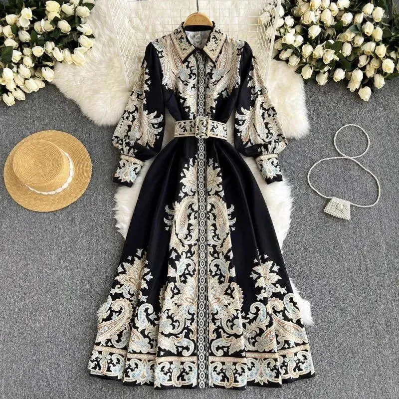 Casual Dresses Polo Collar Long Sleeve Printed Dress Women's Autumn Korean Style Loose Large Size Fashionable Elegant Lace-Up