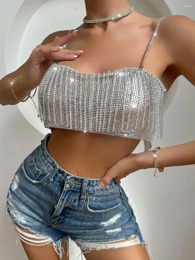 Frauen Tanks Metall Strass Crop Top Tank Frauen Y2k Quaste Rohr Sexy Disco Tanzen Nachtclub High Street Kleidung Für party