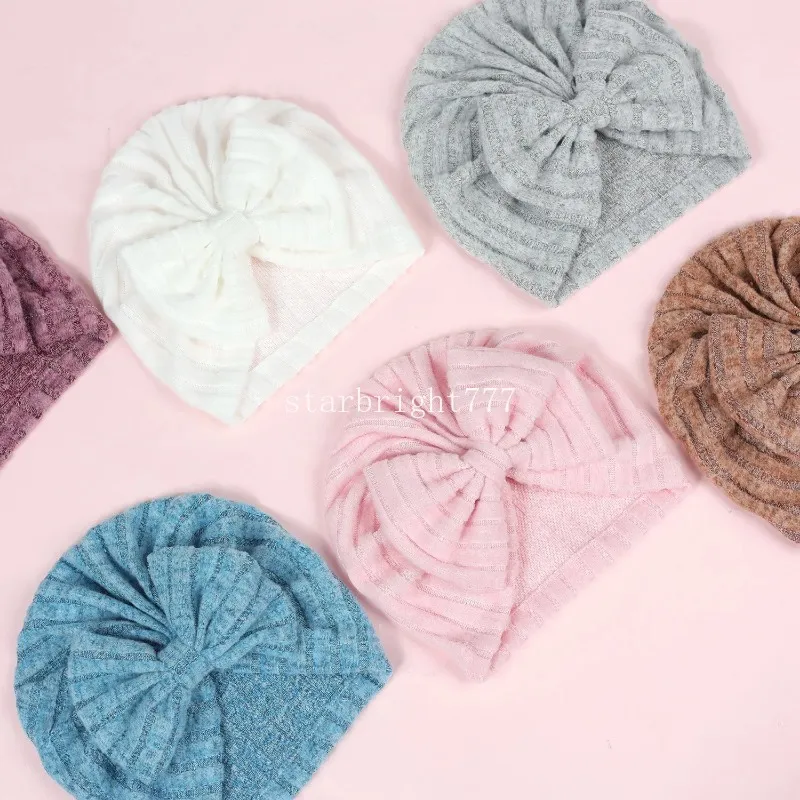 Thick Winter Warm Beanies for Baby Girls Bunny Bow Hat Newborn Solid Striped Turban Hats Infantil Indian Hat Kid bowknot Bonnet