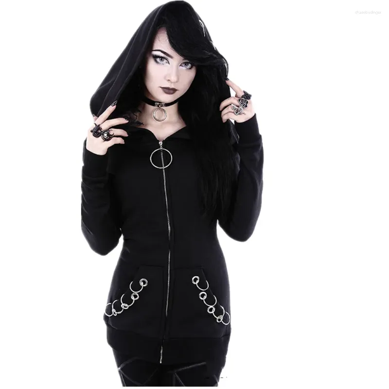 Women's Hoodies Gothic Iron Ring Black Punk Hooded Cardigan Jacket Women Long Sleeve Loose Coat Harajuku Hoodie Zip Up Coats Moletom