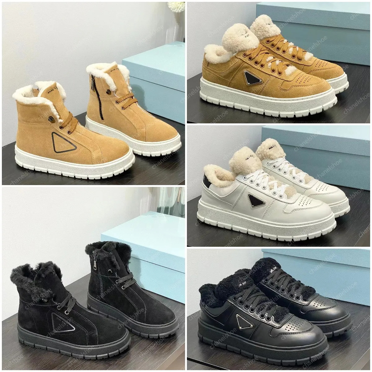 Scarpe firmate Moda Donna Sneakers alte in shearling Autunno inverno Piattaforma imbottita in nappa Sneakes lana di lusso Calda pelle scamosciata stringata Sneaker in pelle scamosciata di nylon Taglia 35-41