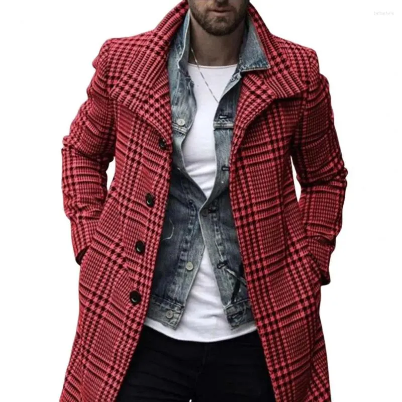 Men's Trench Coats Men Overcoat Medium Length Dressing Autumn Winter Coldproof Checkered Coat
