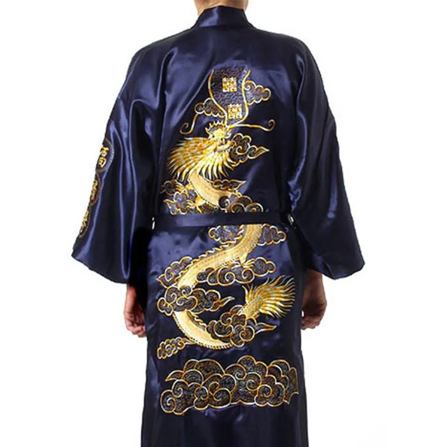 Traditionell broderi drake kimono yukata badklänning marinblå kinesiska män silk satin mantel casual man hem slitage nattklänning221n