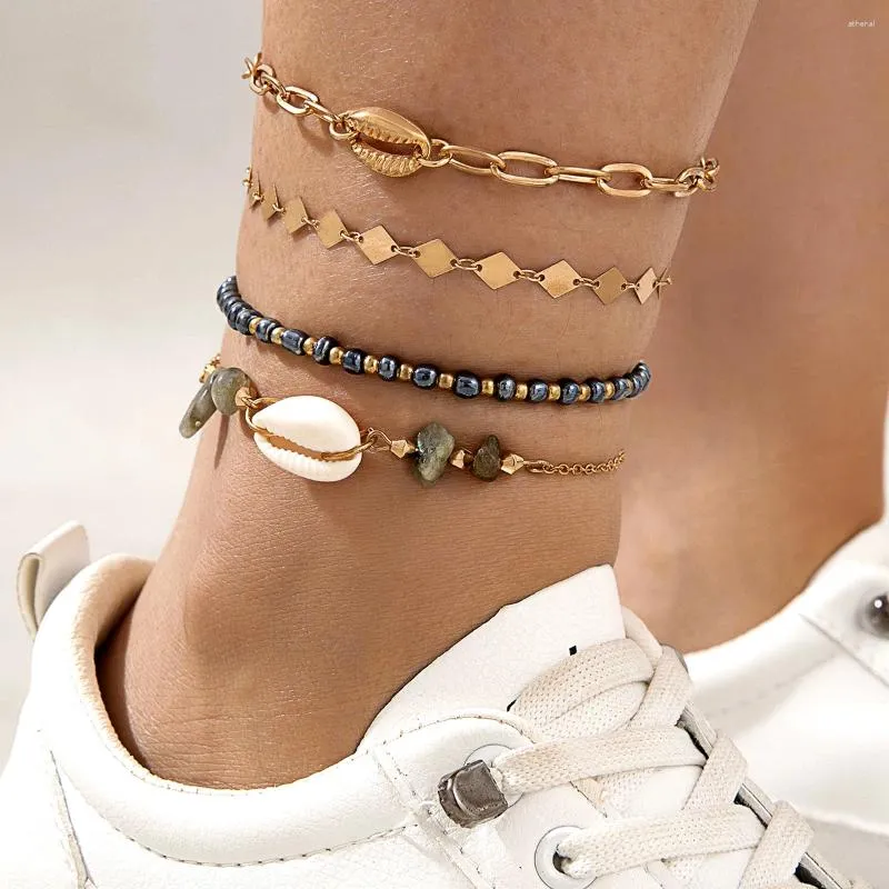 Anklets Böhmen Vit Shell Anklet Set For Women Men Fashion Geometric Multilayer Alloy Metal Beach Foot Chain Jewelry 24603