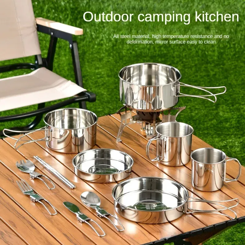 Poêle à frire 304 casseroles et poêles en acier inoxydable, couverts pliables, ensemble portable, batterie de cuisine adaptée au Camping en plein air