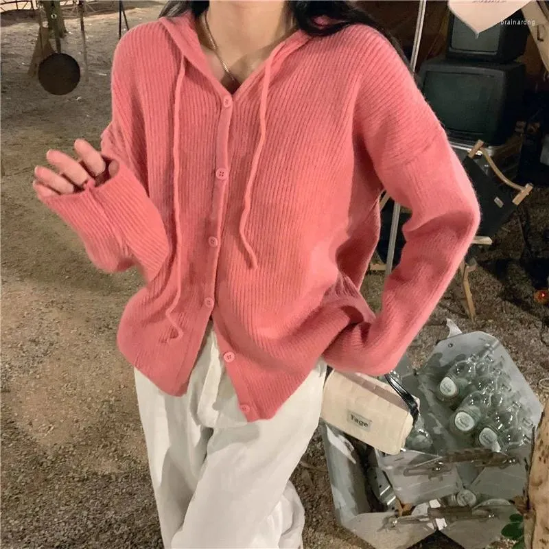 女性のニットニット韓国作物セーター女性のためのカーディガン特大の長袖ニットウェア秋の短いアウターウェアレディースフード付きピンク