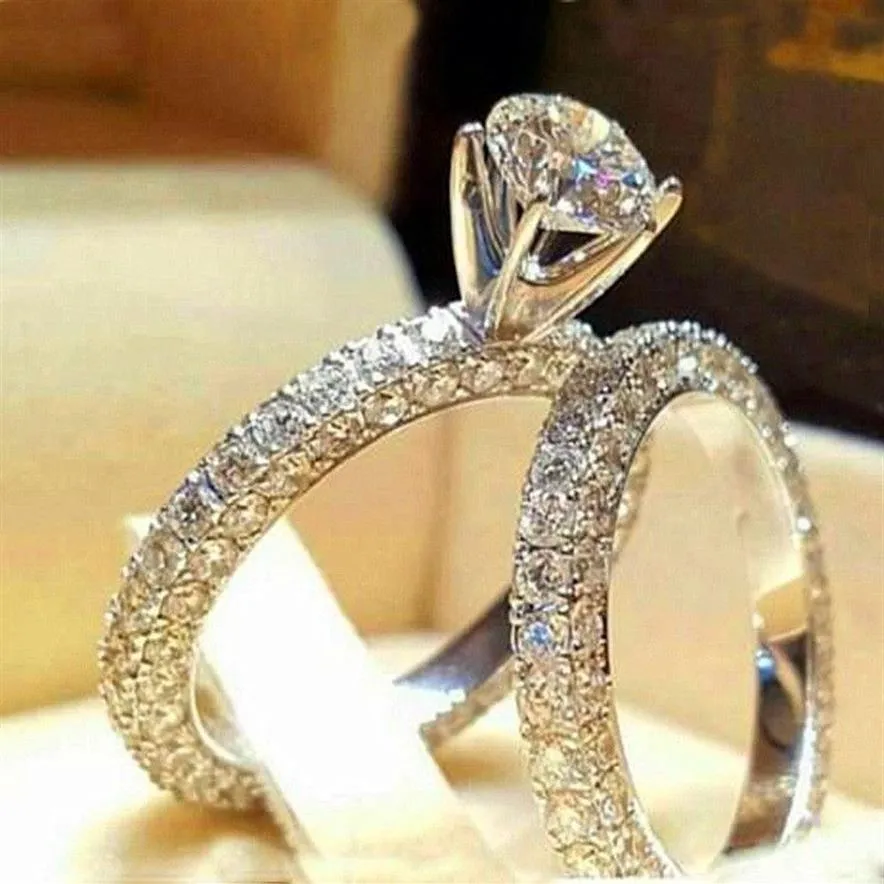 Mode kvinnlig diamant vigselring set mode 925 silver vit brud set smycken lovande kärleksförlovningsringar för kvinnor298t
