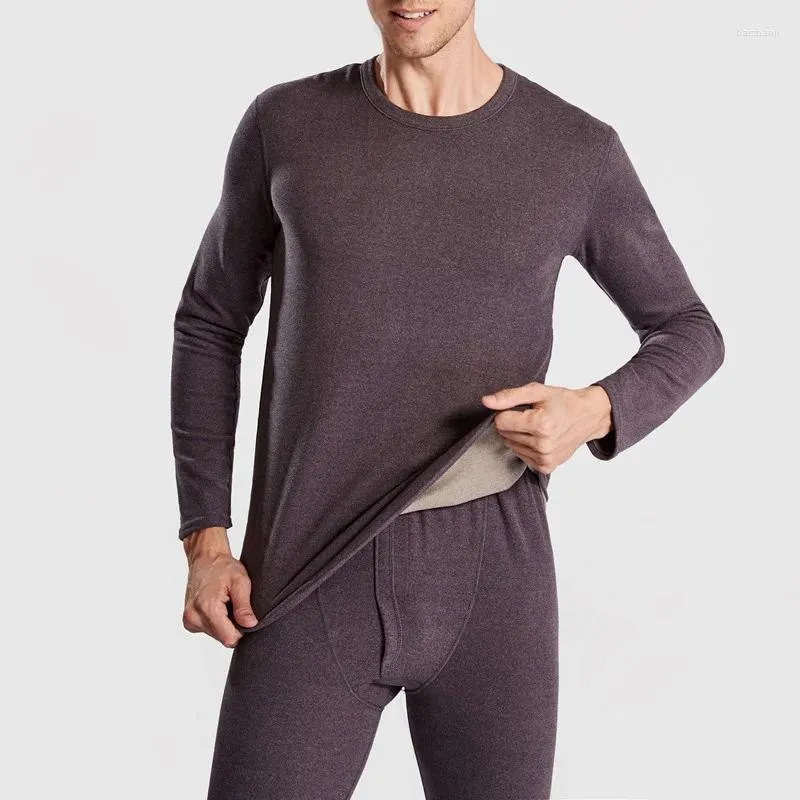 Men's Thermal Underwear Winter Fleece En Sets Tops Pants O Neck Long Sleeve Black Male John Thermo Clothes