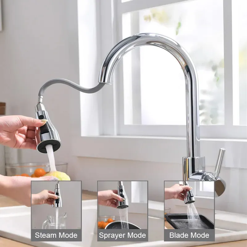 Kökskranar borstade nickel Dra ut Spout Stream Sprayer Head Cold Taps Sink Water Tap Deck Mounted Mixer 231030