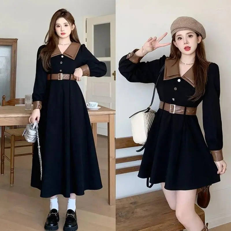 Vestidos casuais hepburn vento lâmpada veludo vestido outono / inverno vintage moda dupla camada colarinho magro saia de manga longa para mulheres