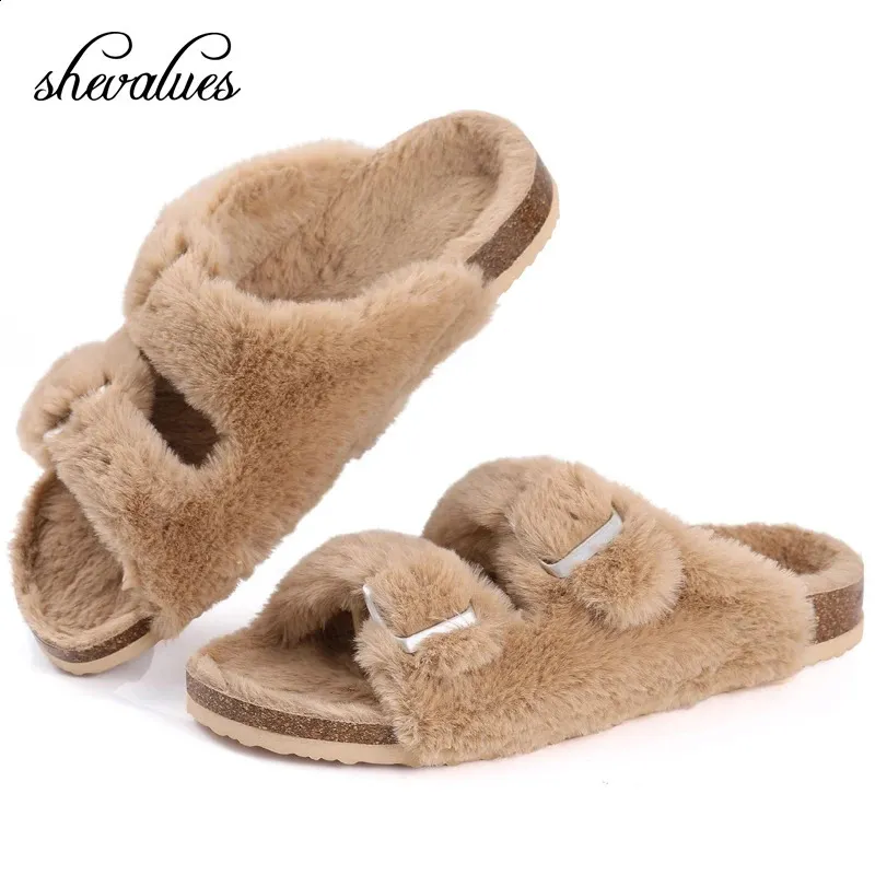 Chinelos Shevalues Cork Footbed Chinelos de pelúcia para mulheres inverno pele peludo chinelos casa slides macios com suporte de arco fuzzy flip flops 231030