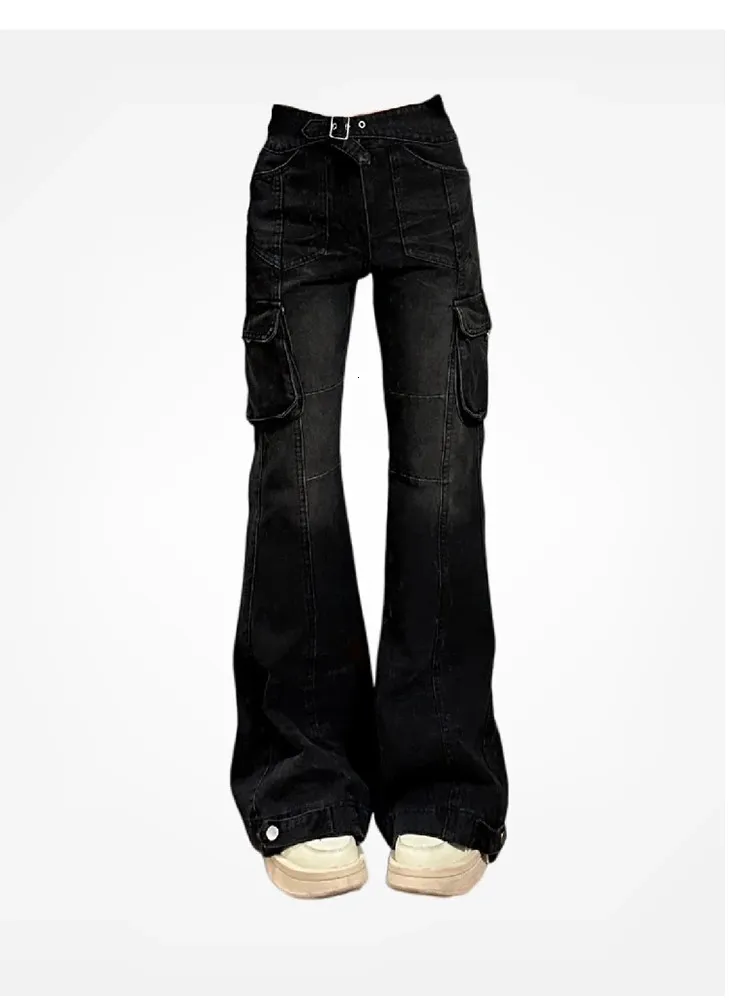 Jeans para mujer High Street Office Lady Black Flare Slim Bell Bottoms Gyaru Moda Pantalones de mezclilla Múltiples bolsillos 2000s American Retro 231031