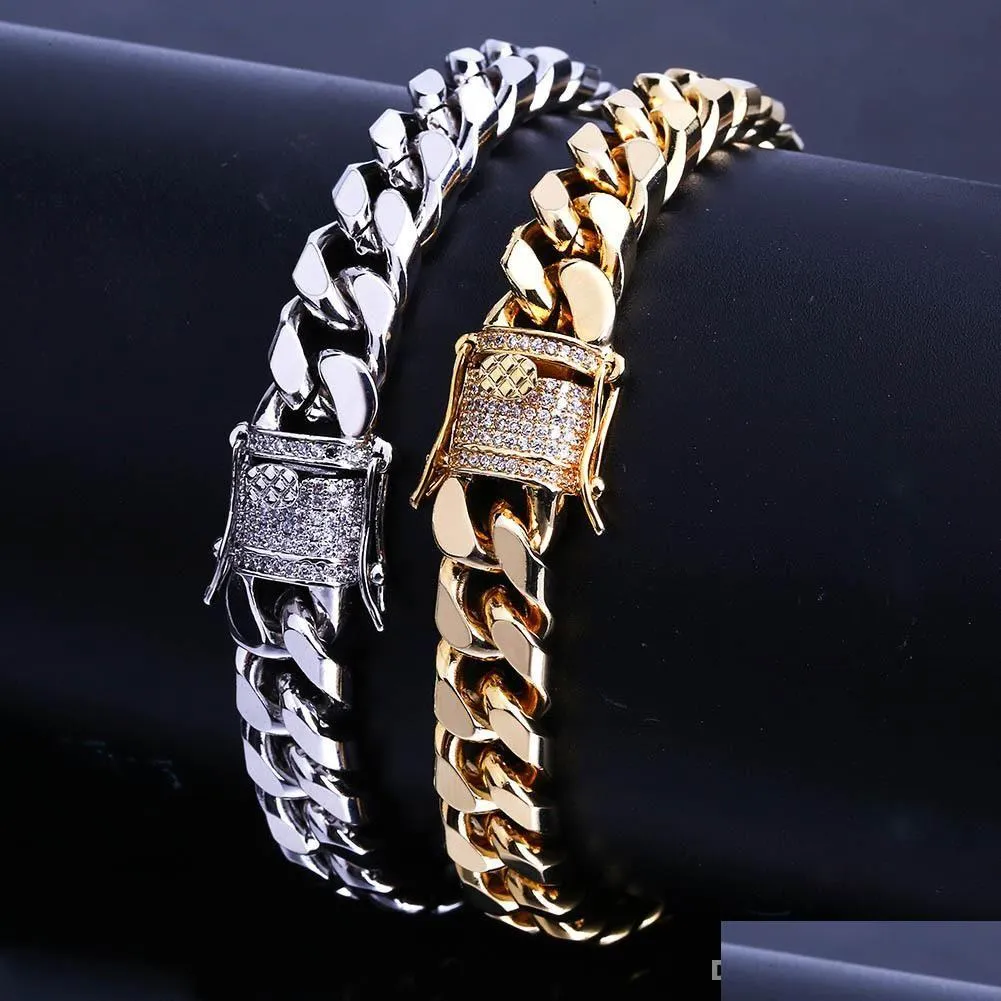 Charm Armband 10mm Miami Cuban Link Iced Out Gold Sier Hip Hop Bling Chains smycken Mens Armband Drop Delivery DHEVG