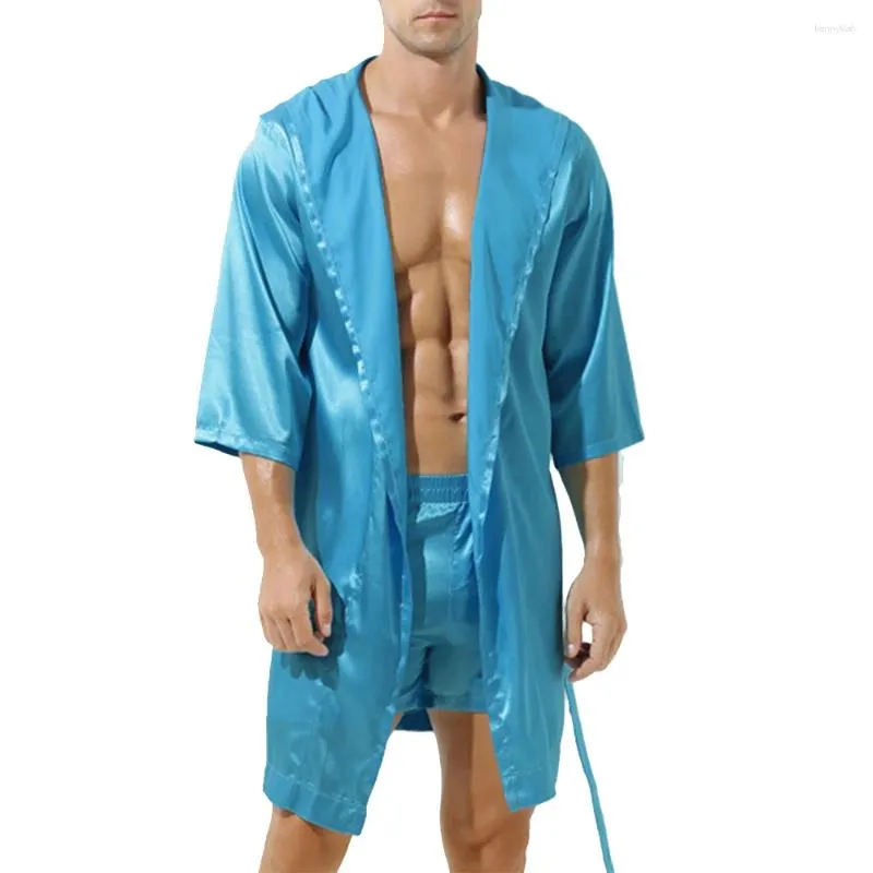 Men's Sleepwear Hooded Robes Loose Satin Silk-Like Summer Bathrobe Pajamas Gown Bath Robe Nightwear Kimono