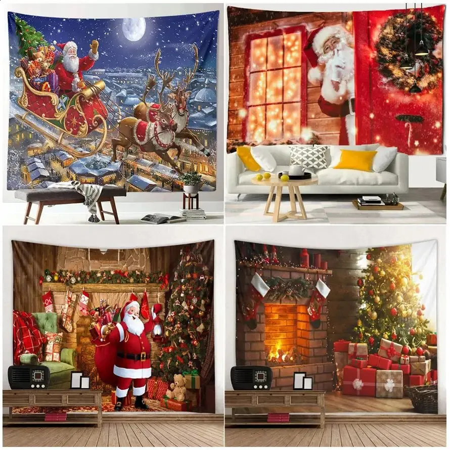 クリスマスの装飾タペストリー面白いサンタクローストナカイ暖炉クリスマスツリー冬の風景ホームリビングルームの装飾壁吊り231030