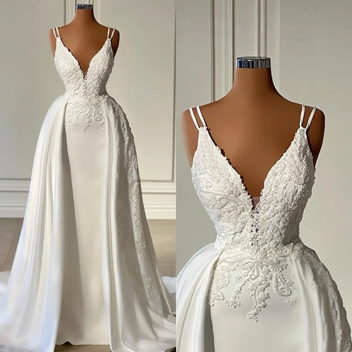 Elegante Etui-Brautkleider für die Braut, Brautkleid mit V-Ausschnitt und abnehmbarem Rock, Spitzenapplikationen, Robe de Mariee-Brautkleider