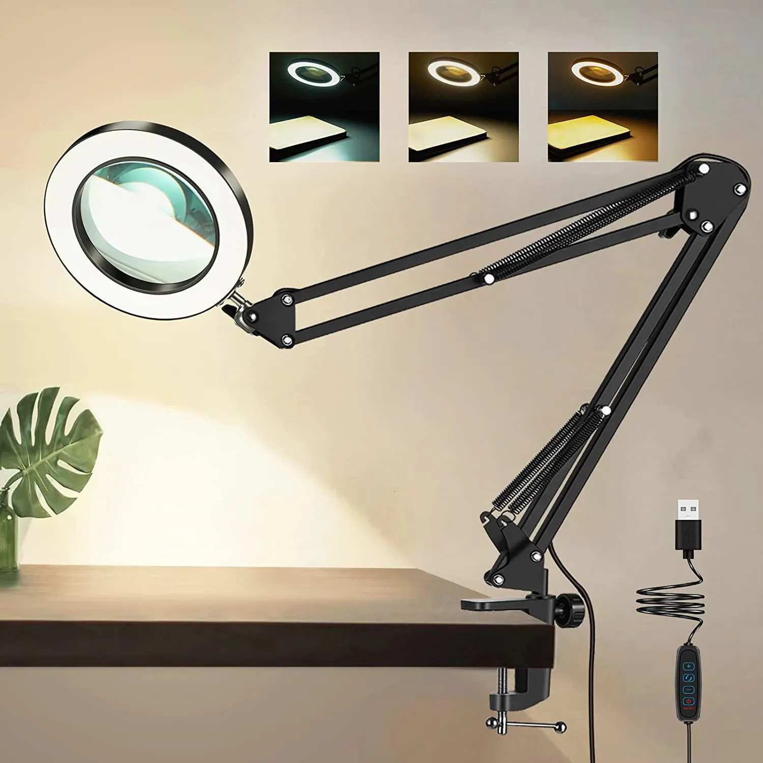 Magnifying Glasses 5X LED Magnifying Lamp with Clamp 3 Color Modes Adjustable Swivel Arm Lighted Magnifying Glass for Repair Craft Close Work 231030