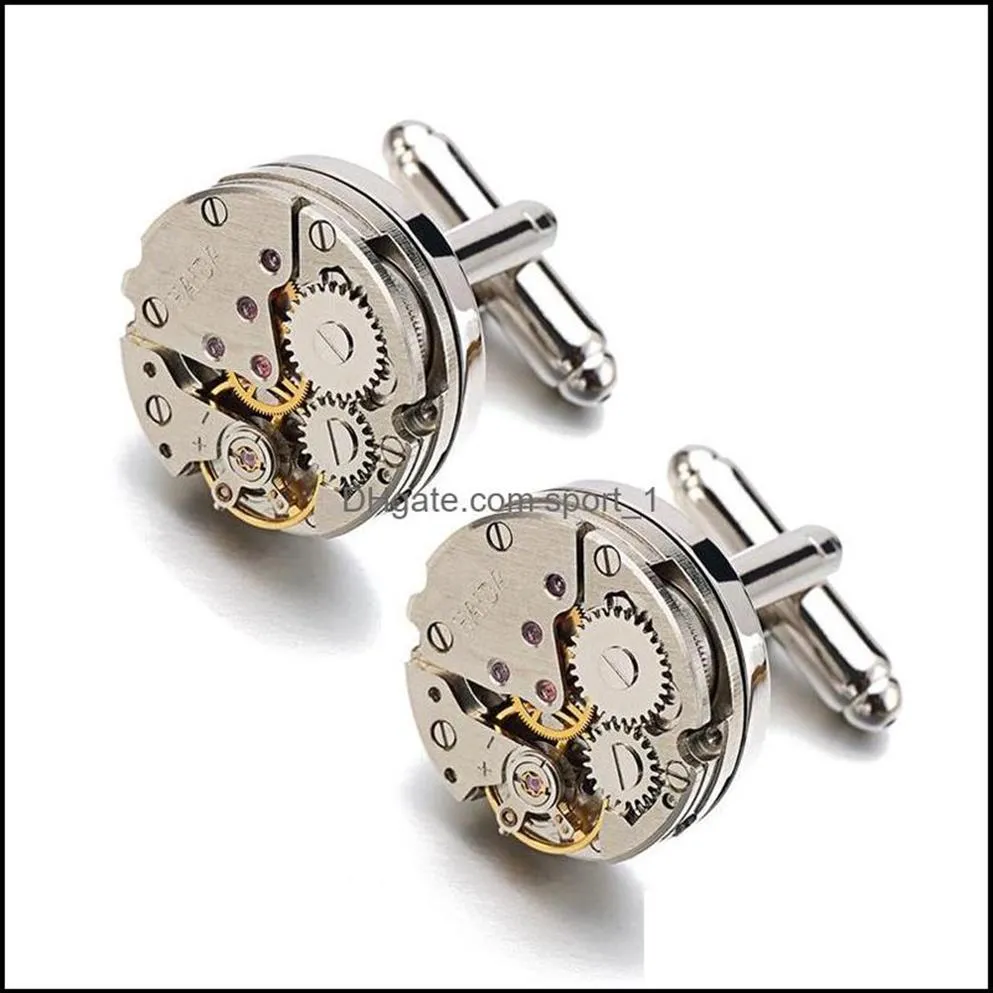 Cuff Links & Clasps Tacks Real Tie Clip Non -Functional Watch Movement Cufflinks For Men Stainless Steel Jewelry Shirt Cuffs Cuf F249S