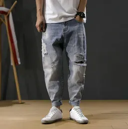 Korean Fashion Men Jeans Loose Fit Retro Blue Destroyed Ripped Jeans Men Baggy Harem Pants Embroidery Designer Hip Hop4758568