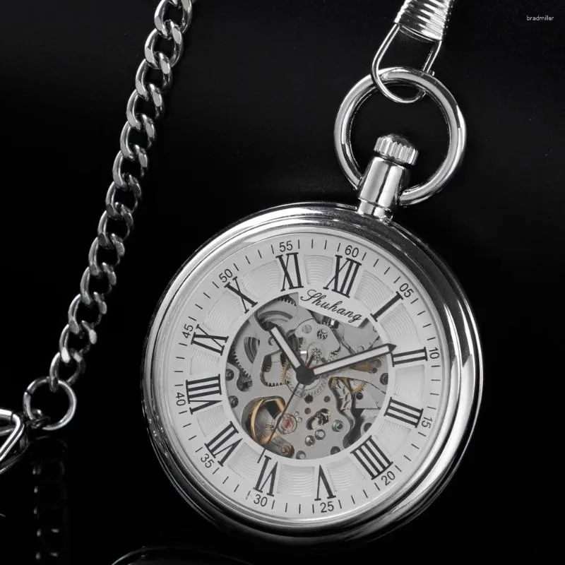 Taschenuhren, helles Silber, römische digitale mechanische Uhr, Retro-Hohlgehäuse, analoges Skelett, Herrenuhr