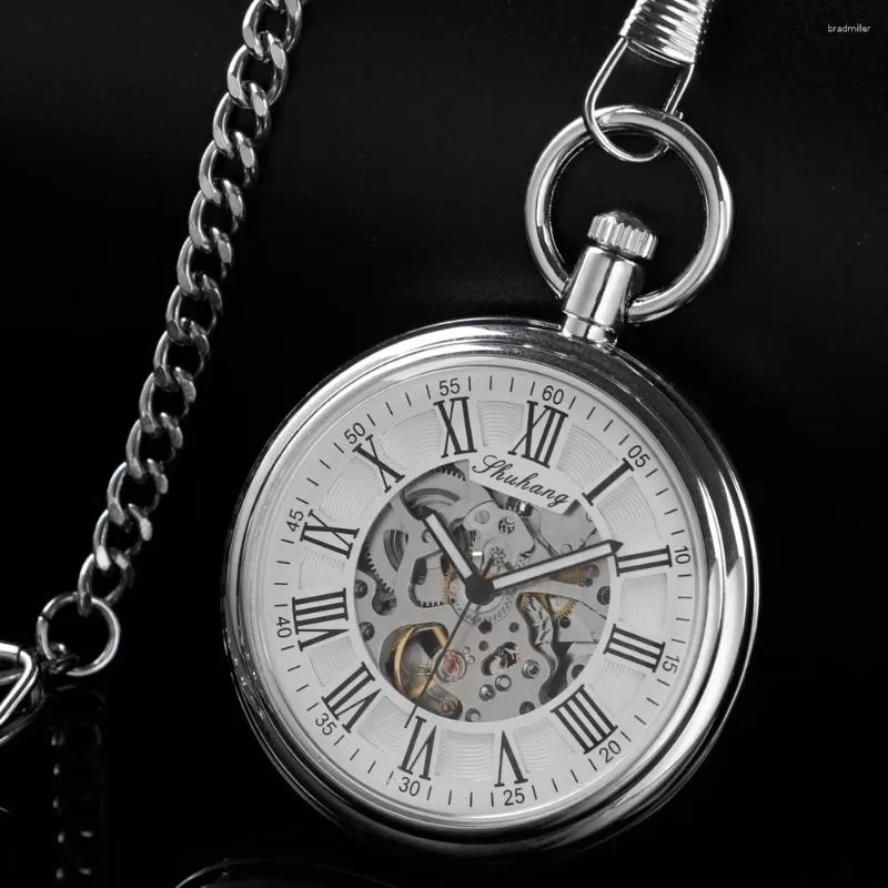 Pocket Watches Bright Silver Roman Digital Mechanical Watch Retro Hollow Case Analog Skeleton Men's