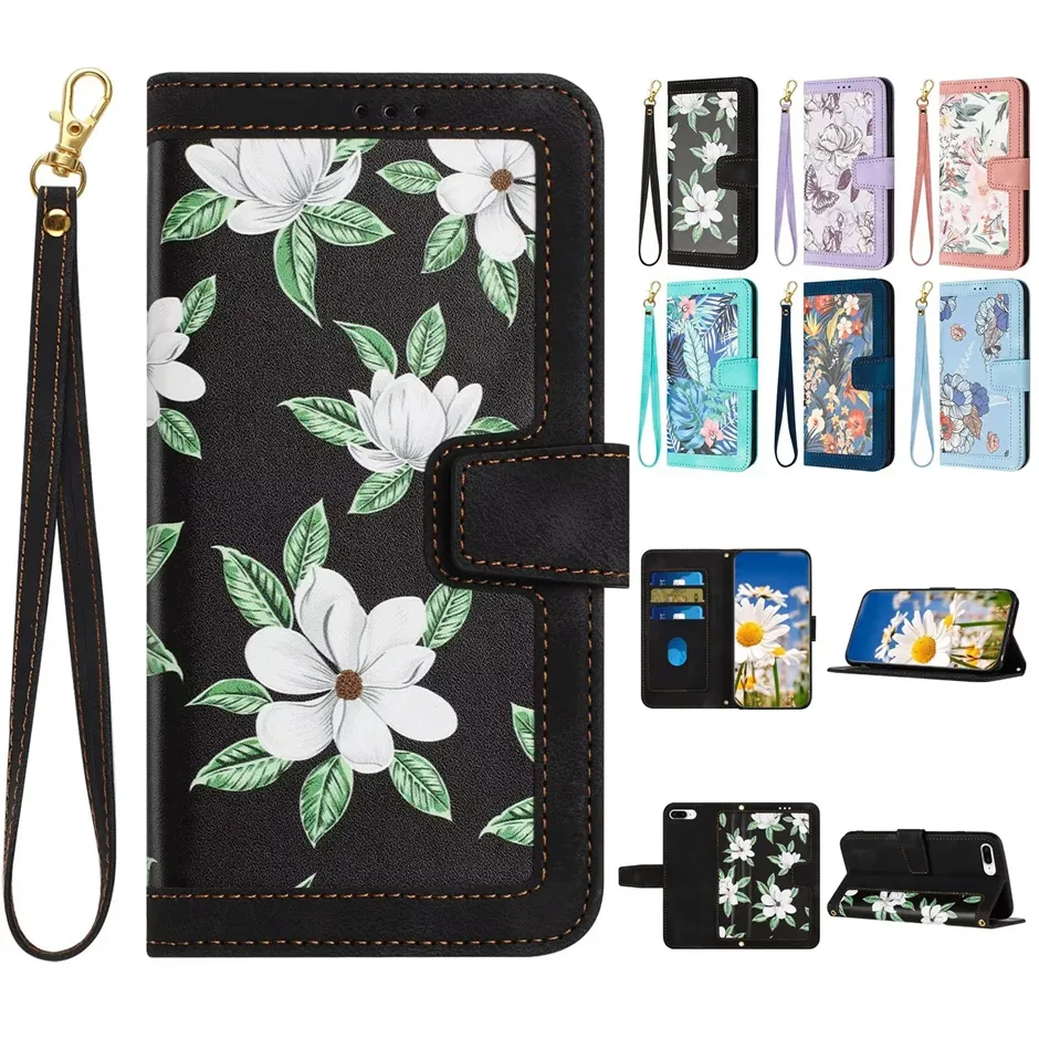 Flower Laddy Leather Plånbok Telefonfodral för iPhone 15 14 13 12 11 Pro Max XR XS 6 7 8 Plus iPhone15 Back Cover Girls Phone Case