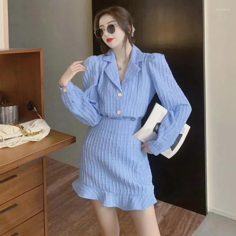 Work Dresses Thin Two-Piece Sets Spring Autumn Long-Sleeved Shirt A-Line Skirt Female Blue White Suits