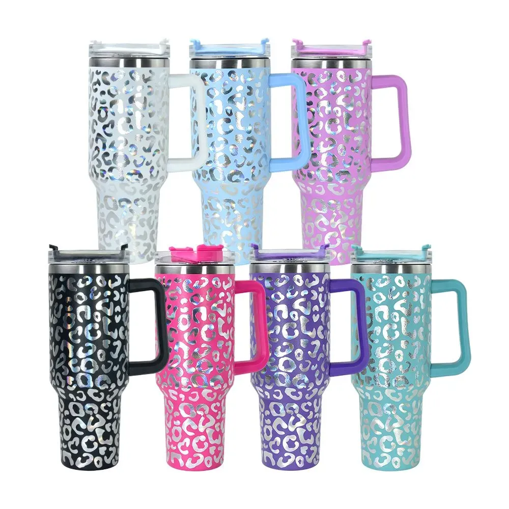 NEWEST!! 40oz Laser Holographic Leopard Tumbler Double Wall Stainless Steel Water Cup Car Mugs with Handle Wholesale L01