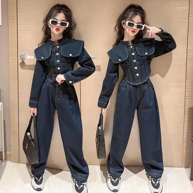 Clothing Sets Children's Clothes Girls Spring Suit Teenagers Children Coat Cardigan Jeans Large Lapel Denim Two-Piece Set