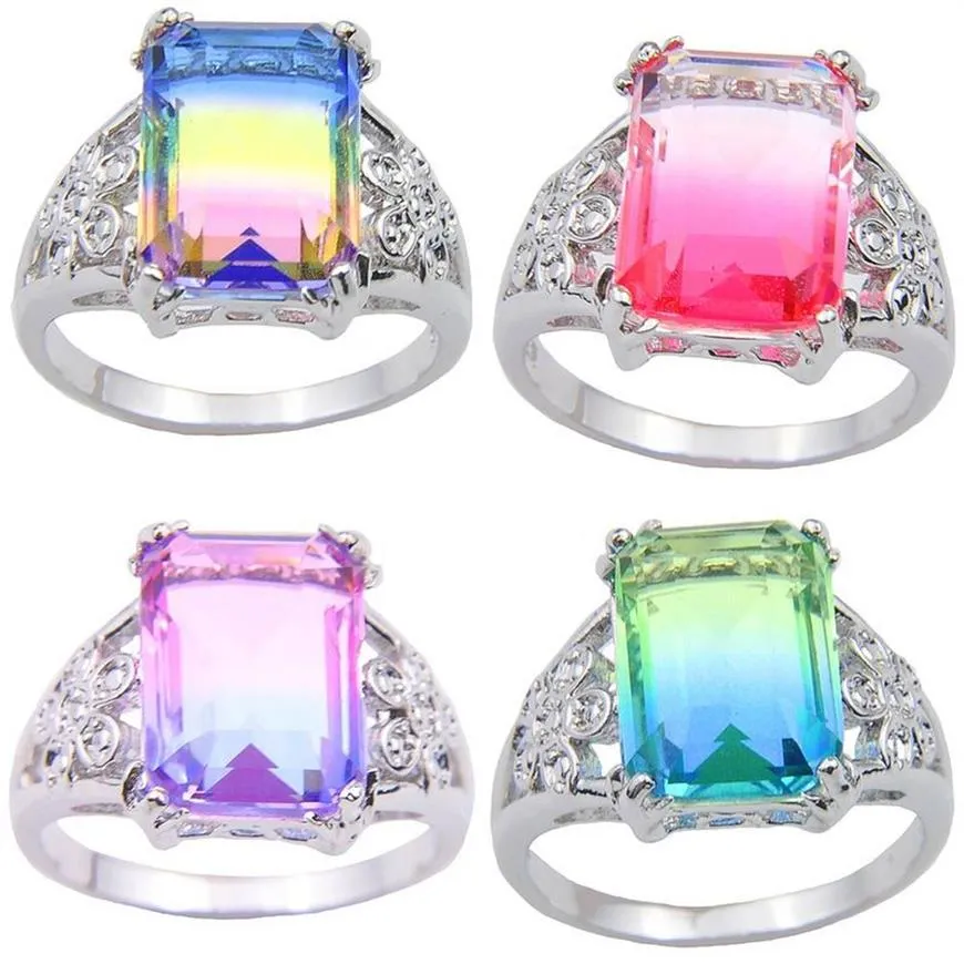 4Pcs Lot Top Fashion Bohemian Style Square Ring Jewelry 925 Silver Romantic Bi Colored Tourmaline Zircon Wedding Rings For Woman #313I