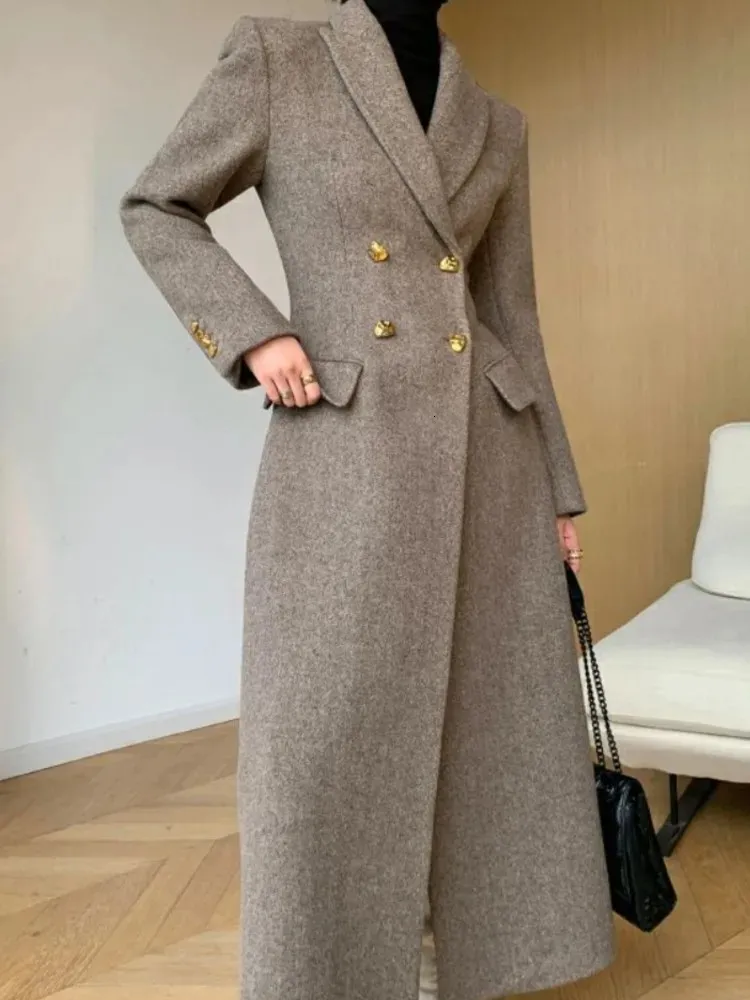 Femmes mélange en Long manteau automne hiver rétro haut de gamme tempérament taille longueur veste femme bureau dame mode 231031