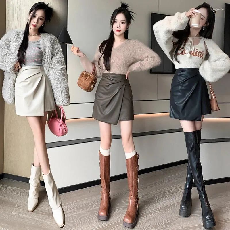 Skirts 2023 Autumn/Winter High Waist Slim Fit Fashion Versatile Pleated Half Skirt Irregular PU Leather Short A-line