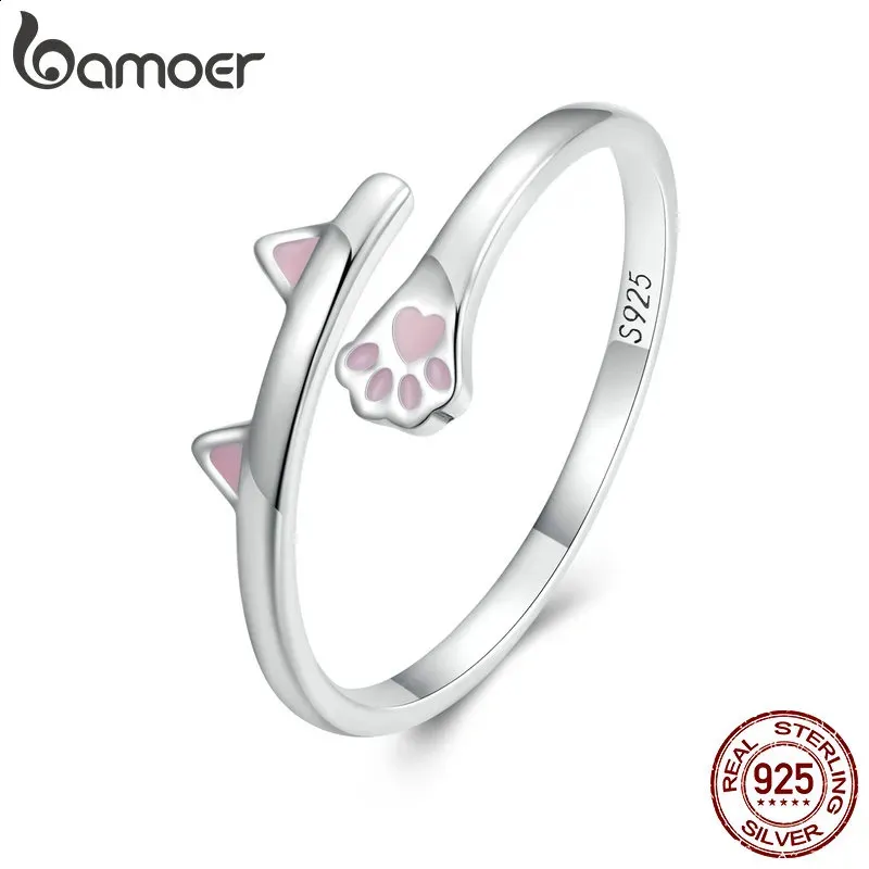 Solitaire Ring 925 Sterling Silver Pink Cat Ears and Paw Opening Cute Pet Simple For For Women Birthday Present BSR316 231030