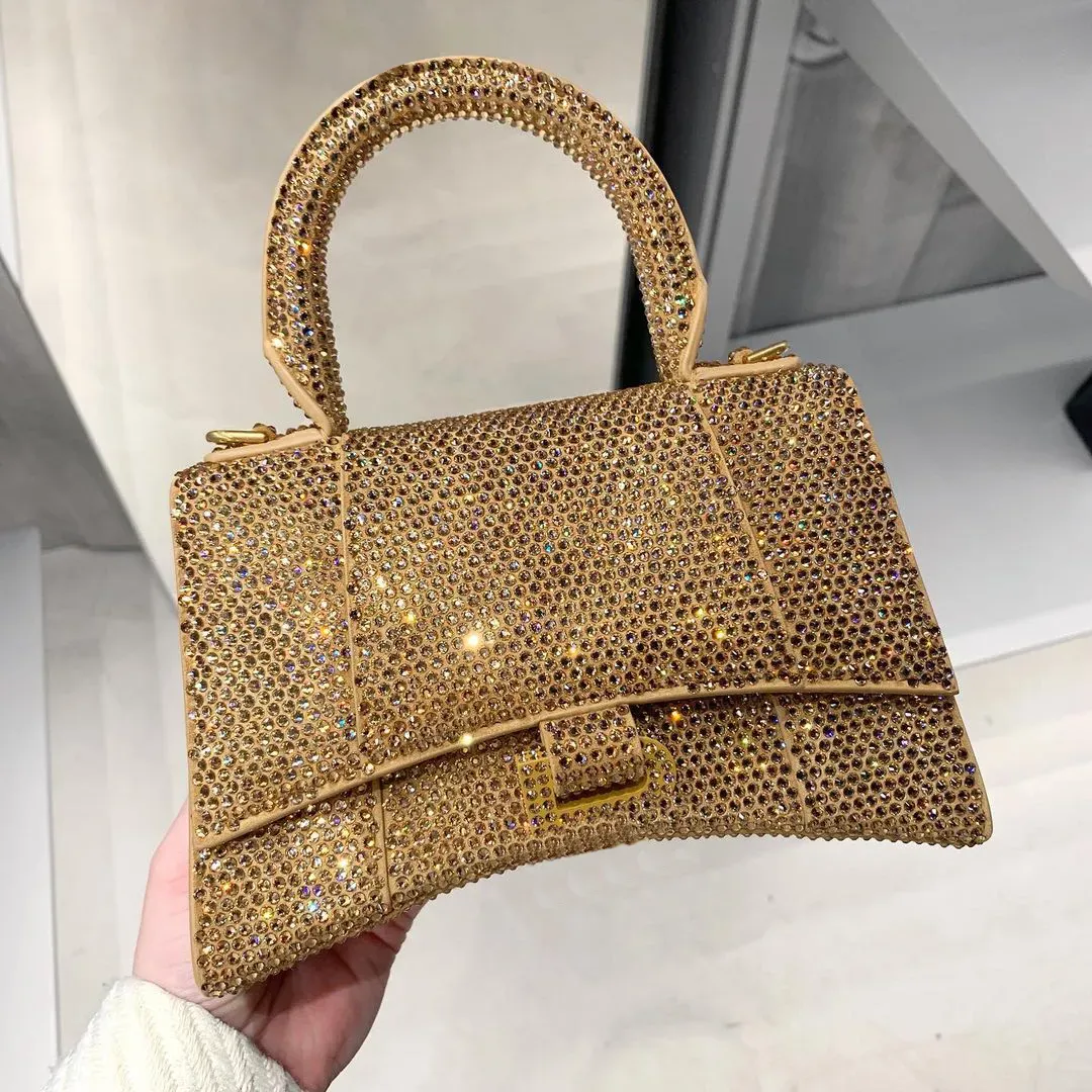 Man timglas inlagd strass diamant tygväskor kvinnors glisten koppling crossbody med axel rem lyx äkta läder designer handväska sommar liten väska