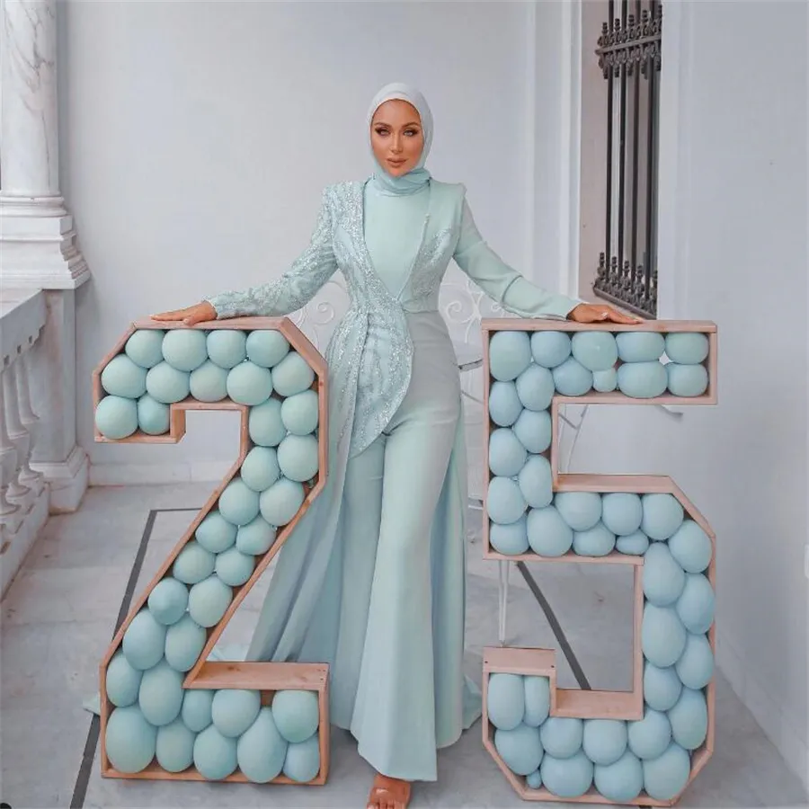 Glam Muslimah Blauwe Galajurk Met Overrok Saoedi-Arabië Dubai Abaya Jumpsuit Avondjurk Moslim Pailletten Verjaardagsjurken Vestidos De Noche Robes De Soiree Chic 2024