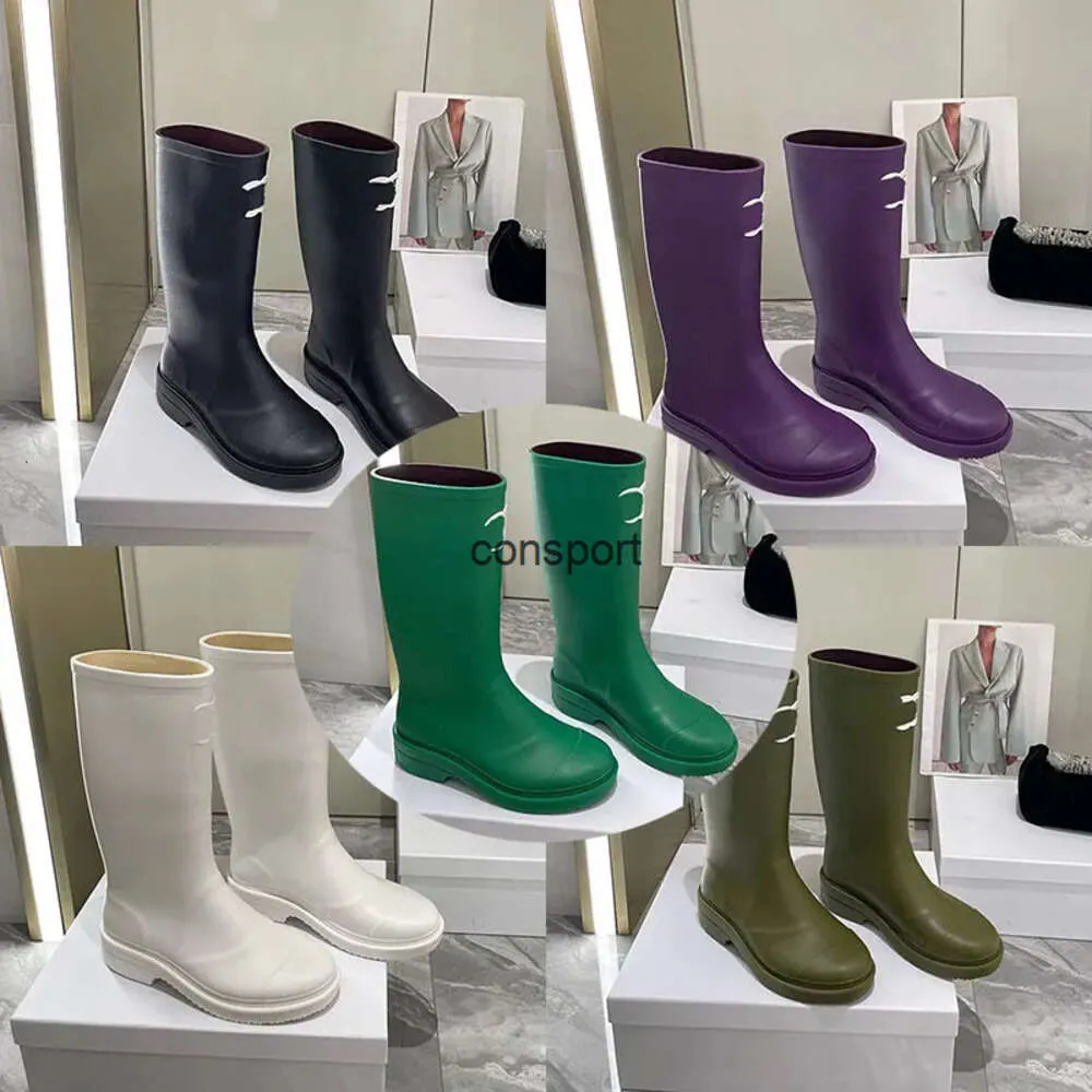 Designer Luxury pure color rainshoes boots channellies boots cclys womens metal trim Leather foot mat outdoor non-slip boot fashion low-heeled comfort shoes
